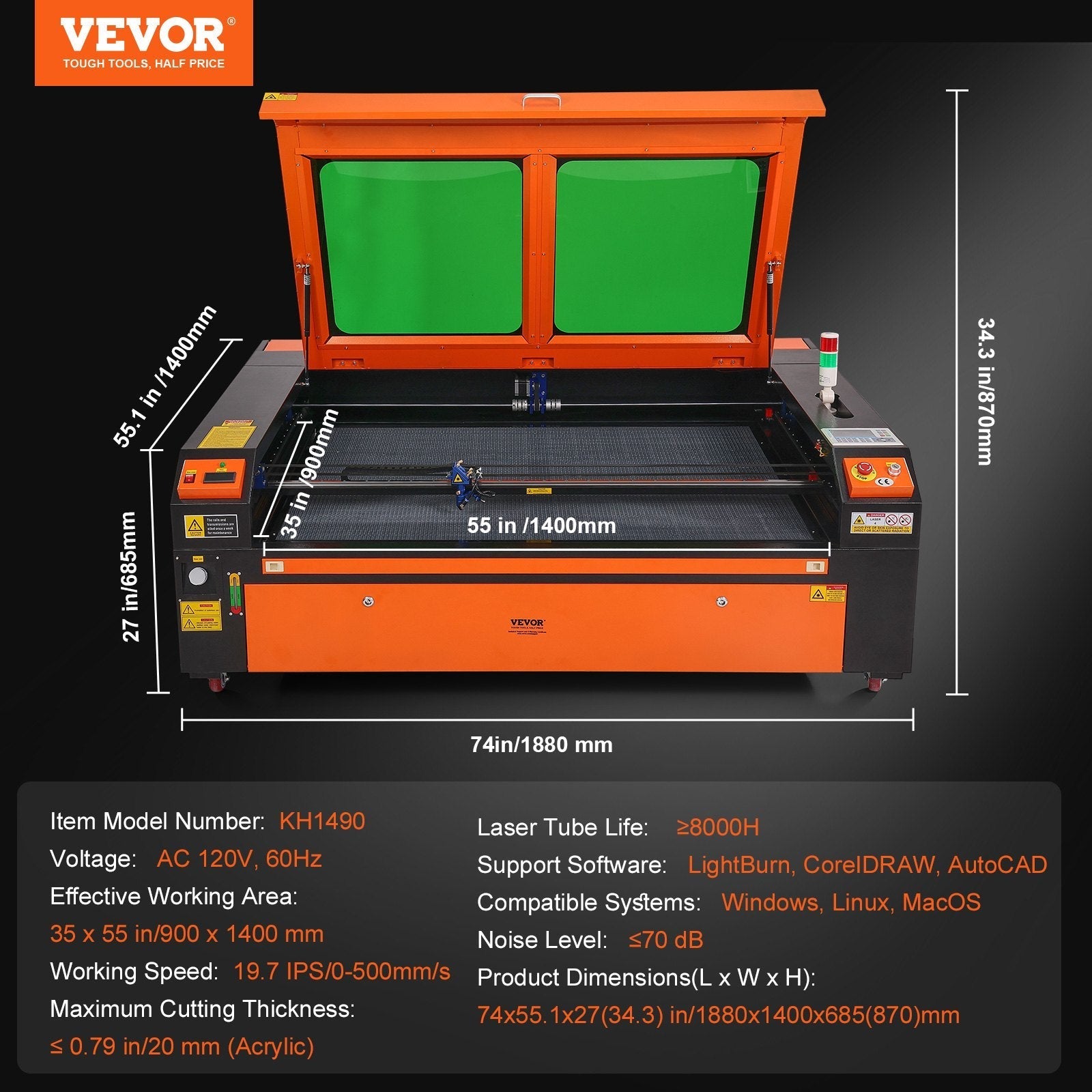 VEVOR 130W CO2 Laser Engraver and Cutter 35 x 55 in 19.7 IPS Engraving Machine