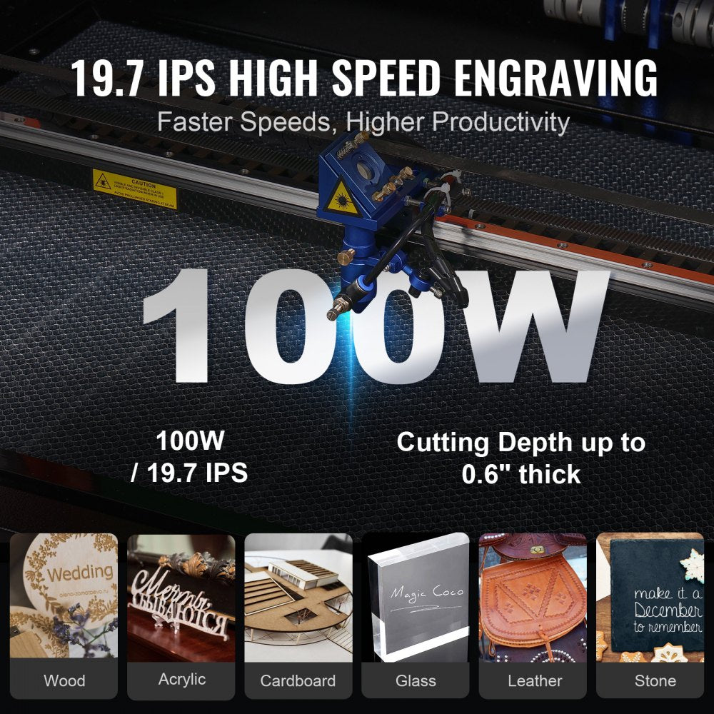 VEVOR 100W CO2 Laser Engraver, 24 x 35 in, 19.7 IPS Laser Cutter Machine with 2-Way Pass Air Assist, Compatible with LightBurn, CorelDRAW, AutoCAD, Windows, Mac OS, Linux, for Wood Acrylic Fabric More