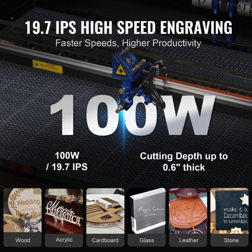 VEVOR 100W CO2 Laser Engraver, 24 x 35 in, 19.7 IPS Laser Cutter Machine with 2-Way Pass Air Assist, Compatible with LightBurn, CorelDRAW, AutoCAD, Windows, Mac OS, Linux, for Wood Acrylic Fabric More