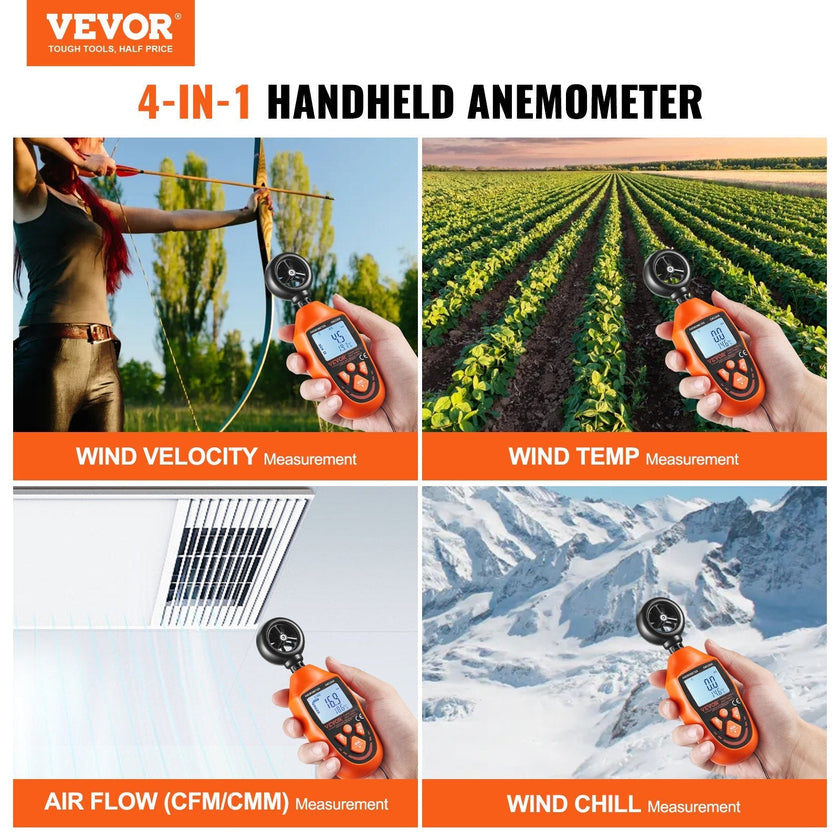 VEVOR Handheld Anemometer, 14?-113?, Digital Wind Speed Meter Gauge with LED Backlight Screen, Measures Wind Velocity Wind Temperature Air Flow Wind Chill, for Sailing Surfing Drone Flying HVAC