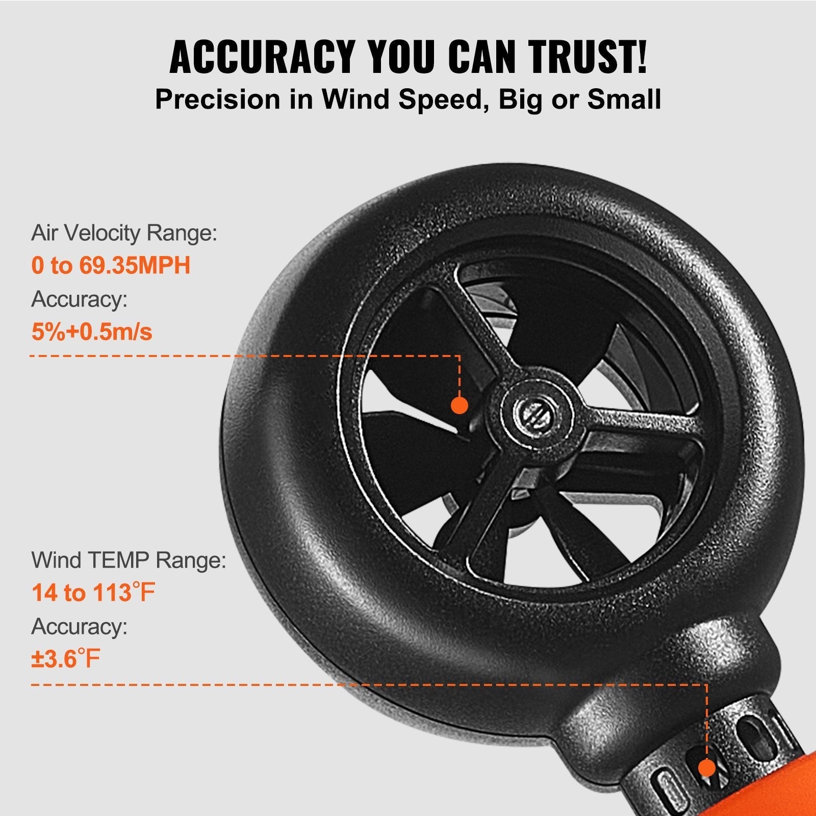 VEVOR Handheld Anemometer, 14?-113?, Digital Wind Speed Meter Gauge with LED Backlight Screen, Measures Wind Velocity Wind Temperature Air Flow Wind Chill, for Sailing Surfing Drone Flying HVAC