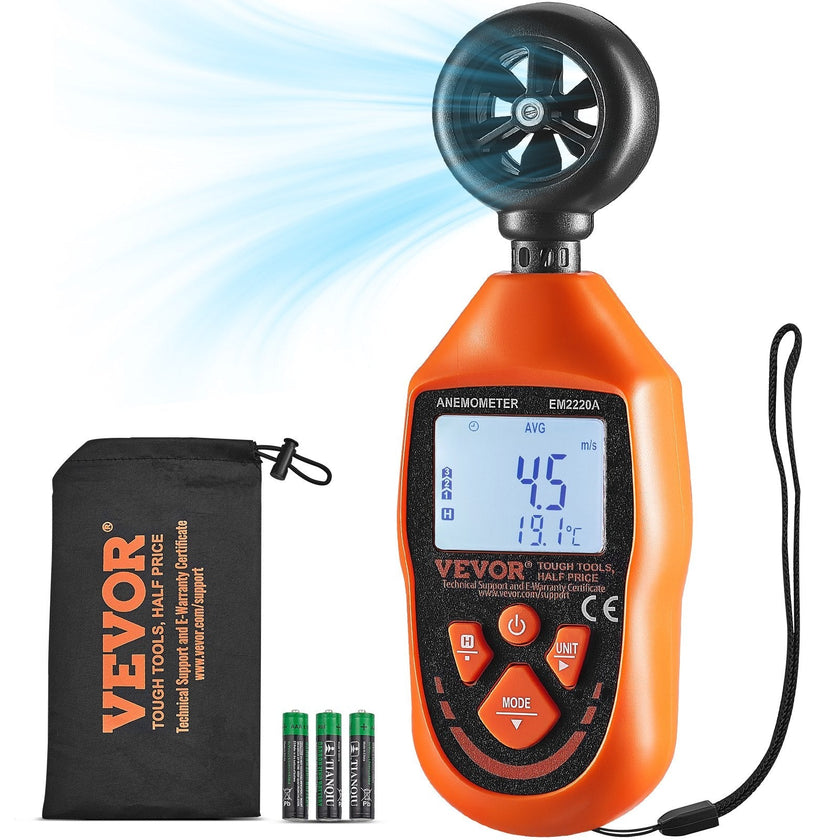 VEVOR Handheld Anemometer, 14?-113?, Digital Wind Speed Meter Gauge with LED Backlight Screen, Measures Wind Velocity Wind Temperature Air Flow Wind Chill, for Sailing Surfing Drone Flying HVAC
