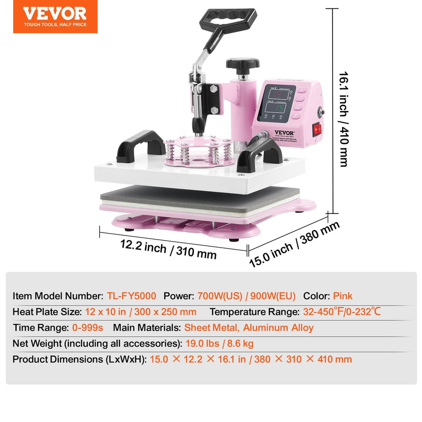 VEVOR Heat Press Machine 12x10in Heat Transfer Machine for T-Shirts Press Pink