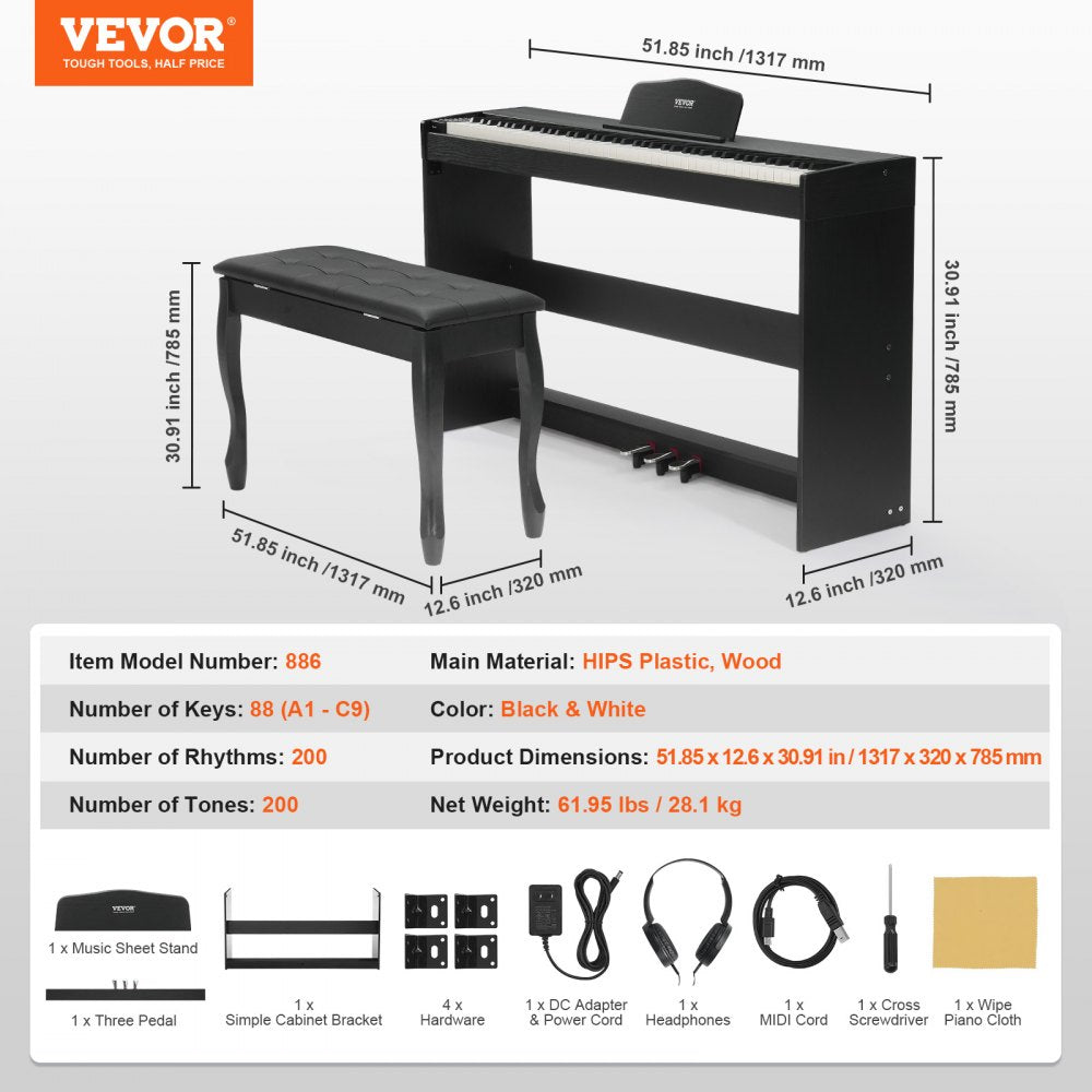 VEVOR 88 Key Fully Weighted Digital Piano Dual Keyboard Cabinet Bracket Bench