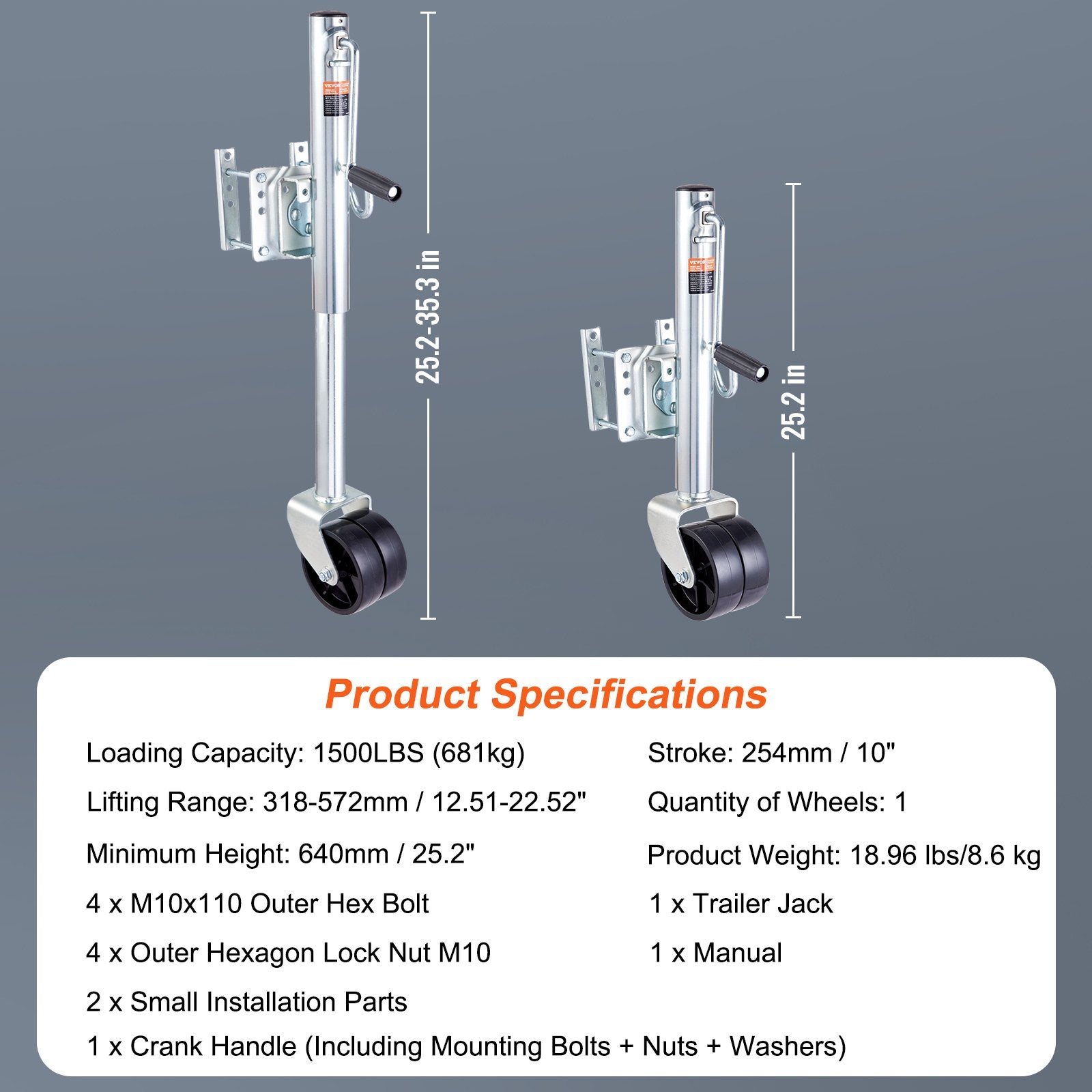 VEVOR Trailer Jack, Boat Trailer Jack 35.3 in, Bolt-on Trailer Tongue Jack Weight Capacity 1500 lb, with PP Wheels and Handle for lifting RV Trailer, Horse Trailer, Utility Trailer, Yacht Trailer
