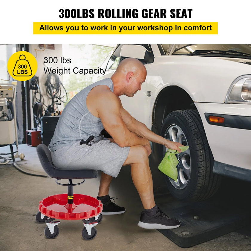 VEVOR Shop Stool, 400 LBS Rolling Garage Stool, 18” to 23” Adjustable Height Mobile Rolling Gear Seat, Round Tray Garage Pneumatic Stool, All-Terrain 5