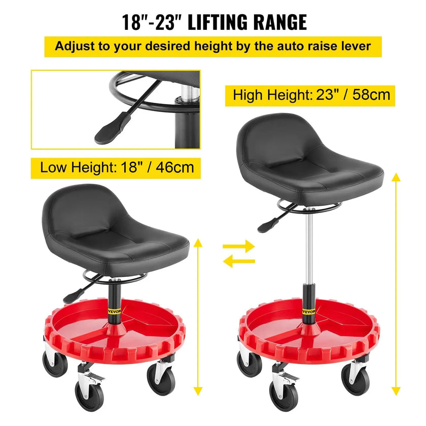 VEVOR Shop Stool, 400 LBS Rolling Garage Stool, 18” to 23” Adjustable Height Mobile Rolling Gear Seat, Round Tray Garage Pneumatic Stool, All-Terrain 5