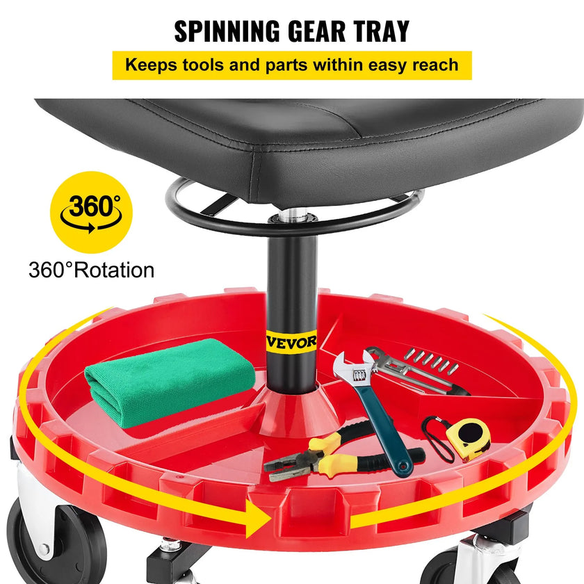 VEVOR Shop Stool, 400 LBS Rolling Garage Stool, 18” to 23” Adjustable Height Mobile Rolling Gear Seat, Round Tray Garage Pneumatic Stool, All-Terrain 5