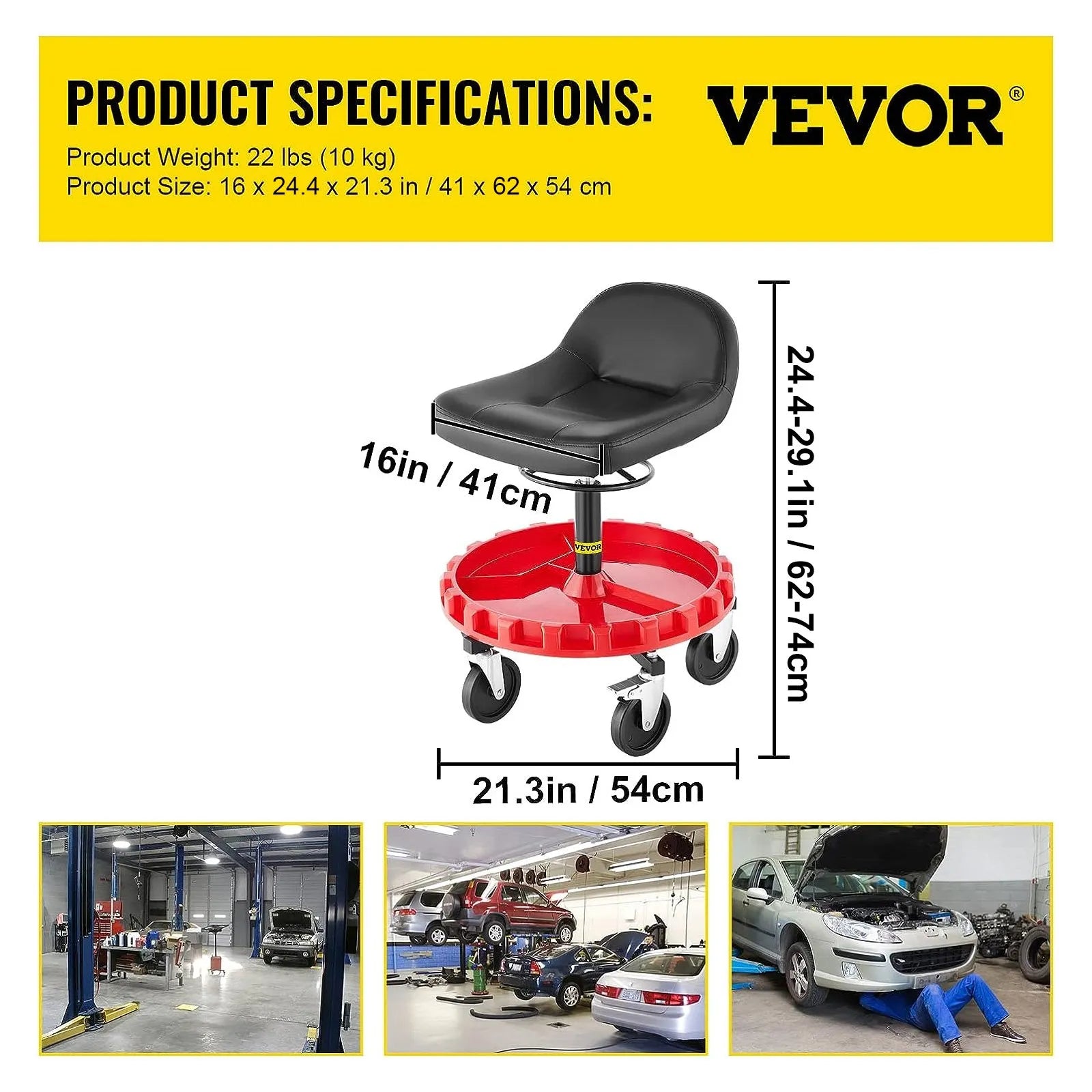VEVOR Shop Stool, 400 LBS Rolling Garage Stool, 18” to 23” Adjustable Height Mobile Rolling Gear Seat, Round Tray Garage Pneumatic Stool, All-Terrain 5