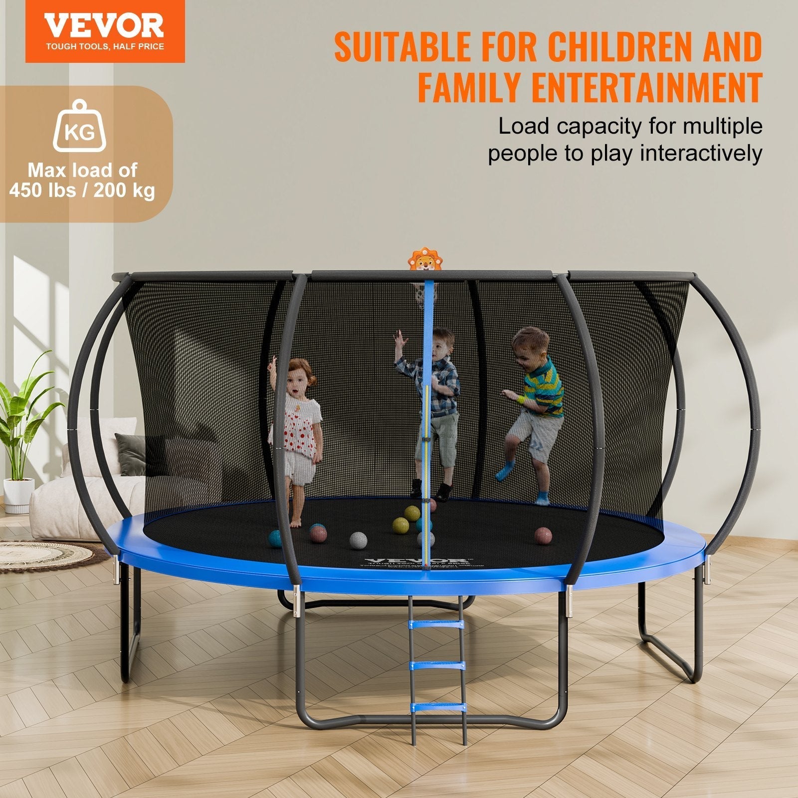 VEVOR 14FT Trampoline, 450 lbs Trampoline with Enclosure Net, Ladder, and Curved Pole, Heavy Duty Trampoline with Jumping Mat and Spring Cover Padding, Outdoor Recreational Trampolines