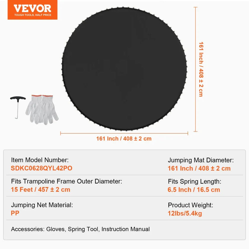 VEVOR Replacement Trampoline Mat Fits 15ft Frame 96 V-Rings 6.5