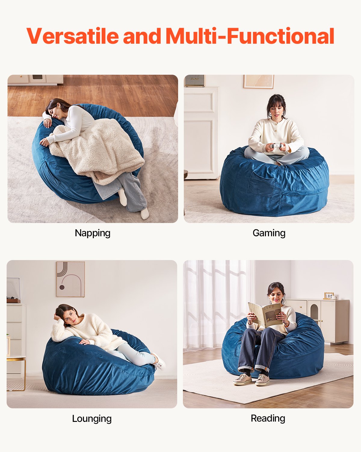 VEVOR Round Bean Bag Chair with Removable and Washable Cover for Adults Blue