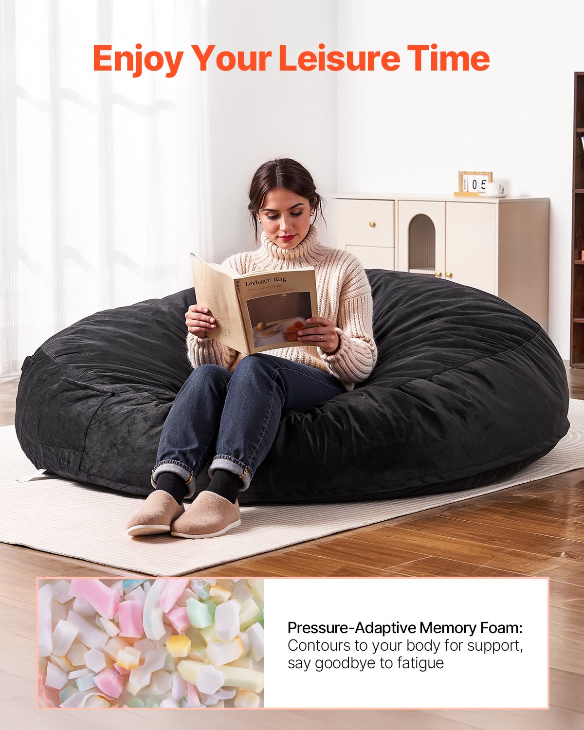 VEVOR Round Bean Bag Chair with Removable & Washable Cover for Adult Giant Black