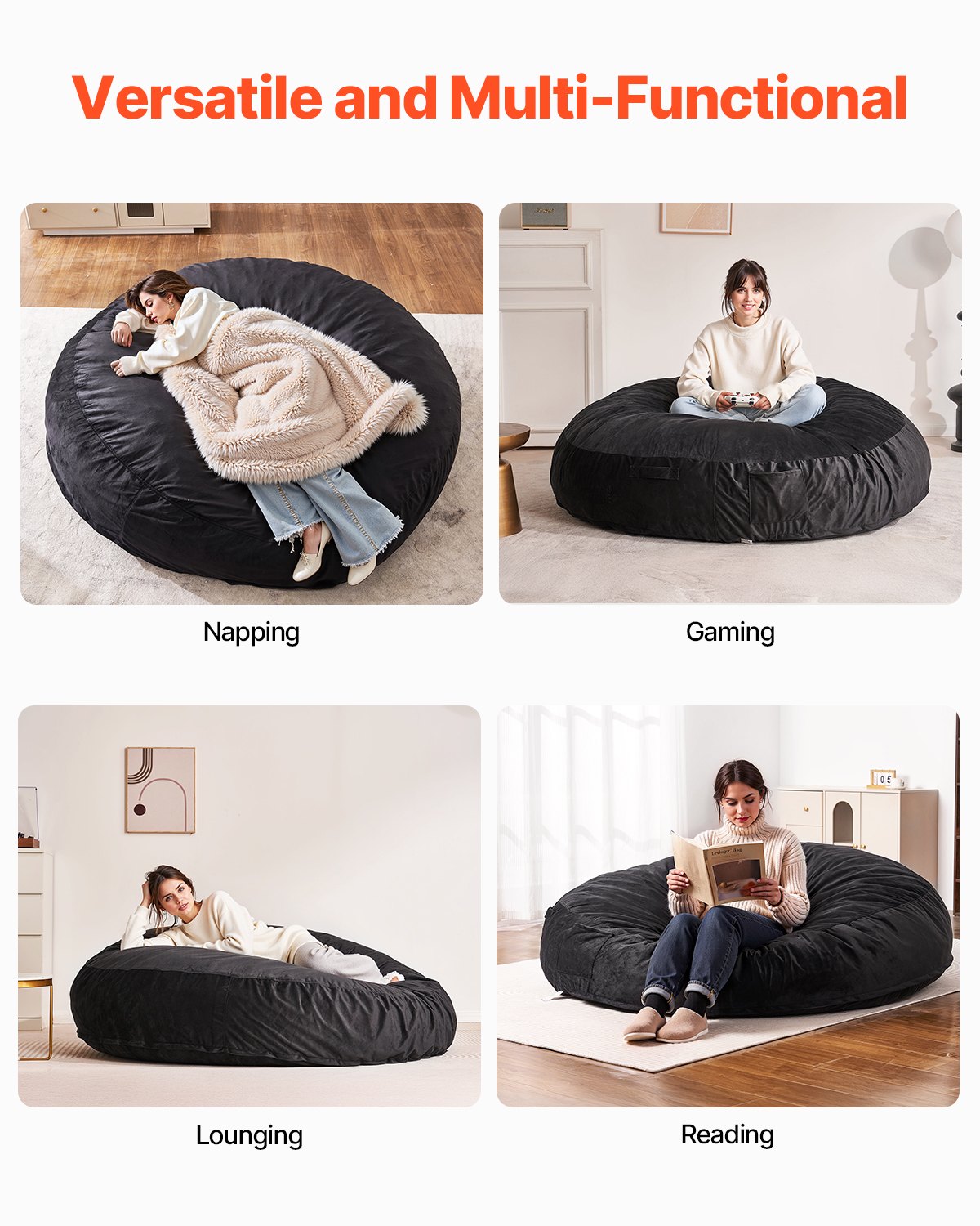 VEVOR Round Bean Bag Chair with Removable & Washable Cover for Adult Giant Black