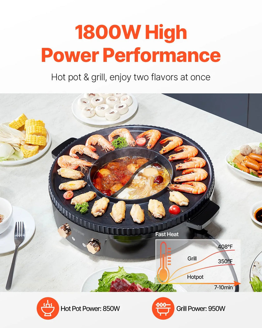 VEVOR Hot Pot with Grill 1800W 2-in-1 Electric Smokeless Grill and Hot Pot