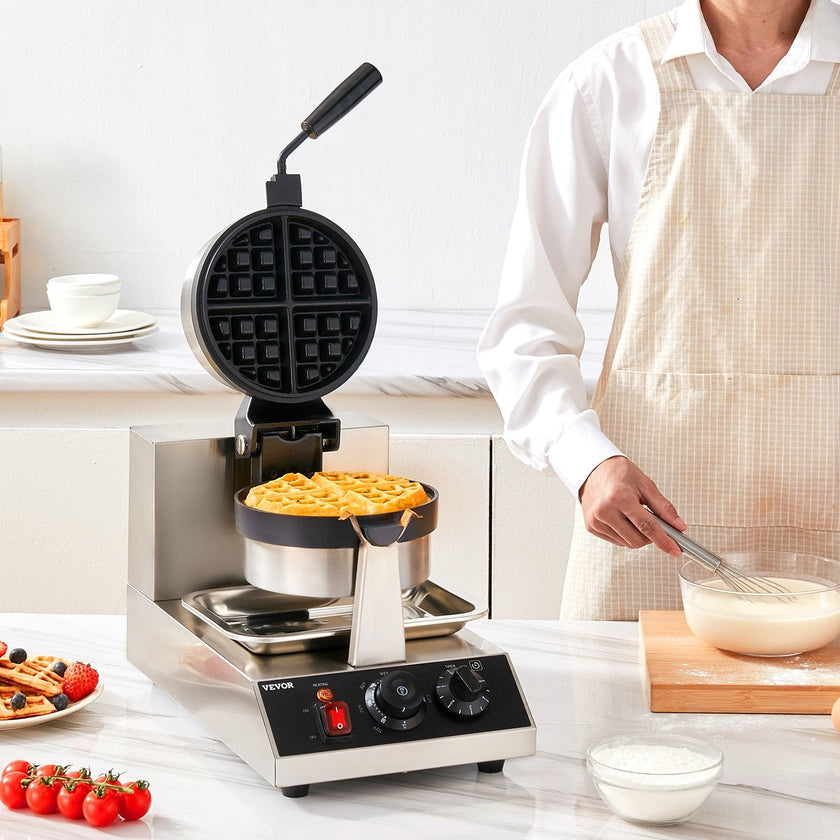 VEVOR Commercial Waffle Maker, 1 Piece per Batch, 1300W Round Waffle Iron, Non-Stick Waffle Baker Machine with 122-572? / 50-300? Temp Range Teflon-Coated Baking Pans Stainless Steel Body, 120V