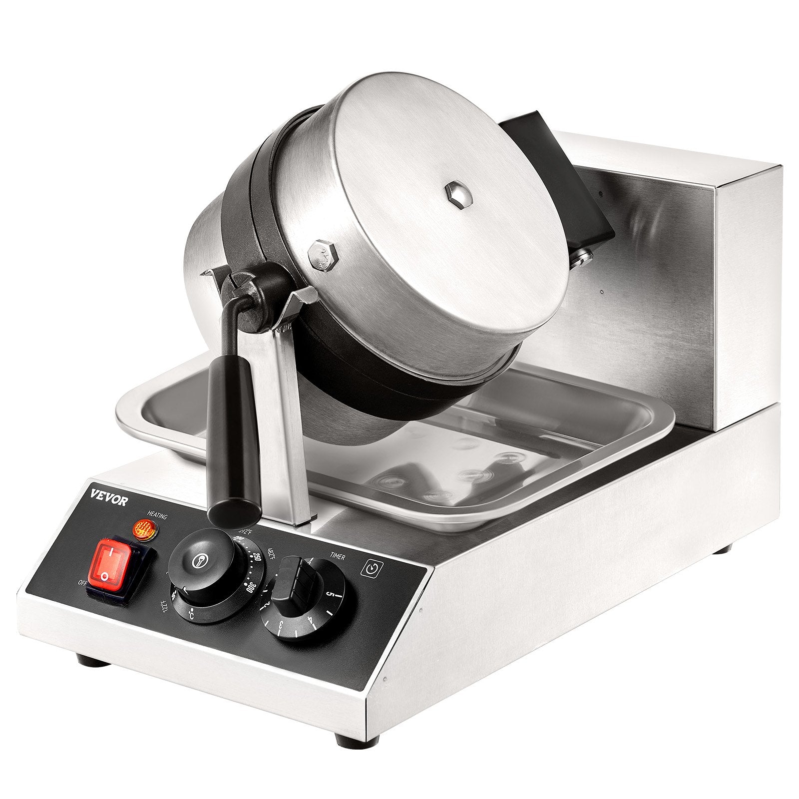 VEVOR Commercial Waffle Maker, 1 Piece per Batch, 1300W Round Waffle Iron, Non-Stick Waffle Baker Machine with 122-572? / 50-300? Temp Range Teflon-Coated Baking Pans Stainless Steel Body, 120V