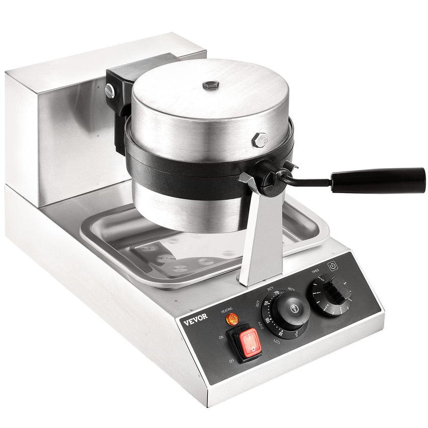 VEVOR Commercial Waffle Maker, 1 Piece per Batch, 1300W Round Waffle Iron, Non-Stick Waffle Baker Machine with 122-572? / 50-300? Temp Range Teflon-Coated Baking Pans Stainless Steel Body, 120V