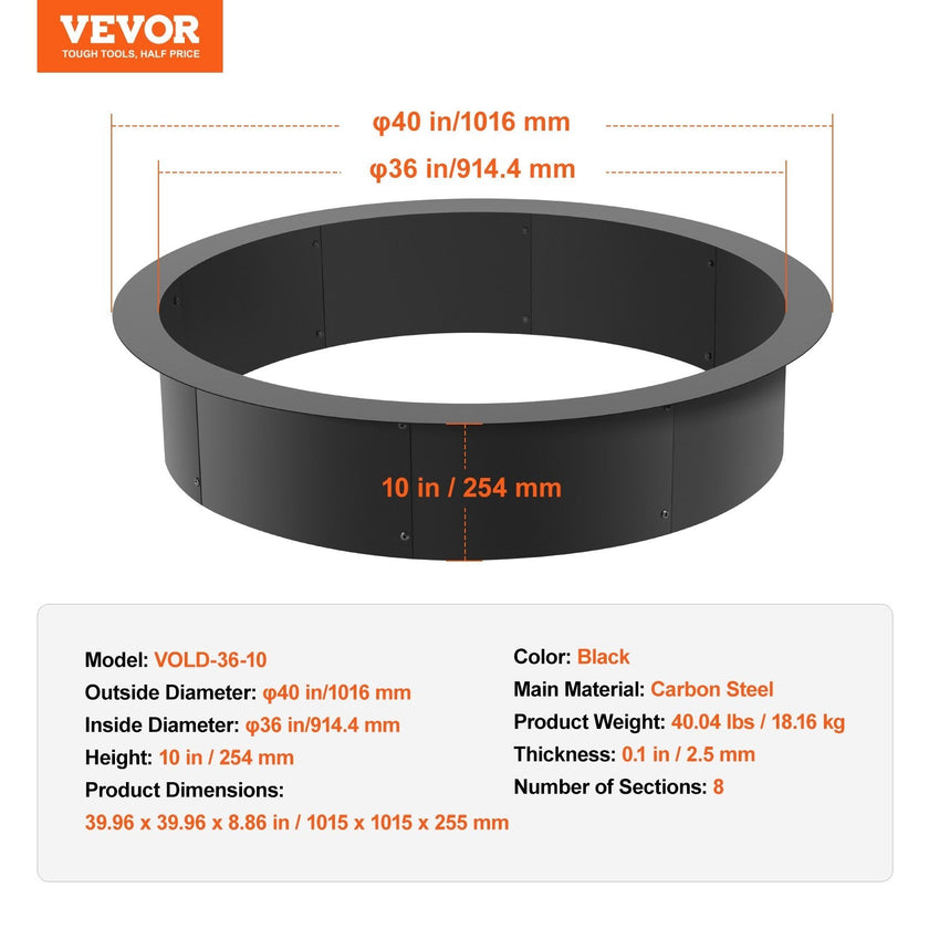 VEVOR Fire Pit Ring Round 40 Inch Outer Steel Liner DIY Campfire Ring Firepit
