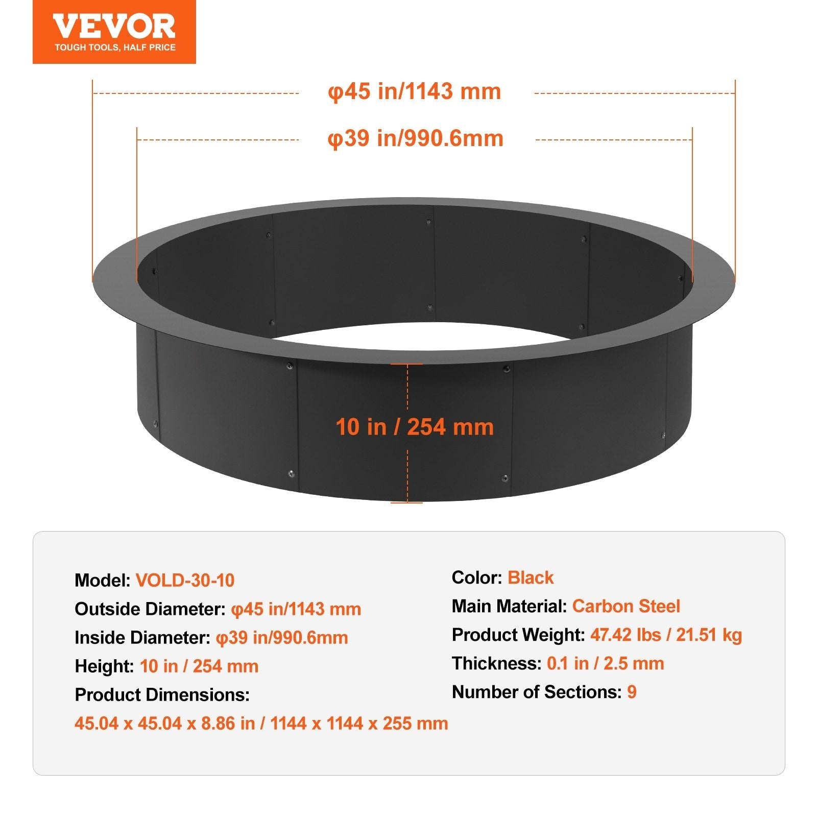 VEVOR Fire Pit Ring Round 44 Inch Outer Steel Liner DIY Campfire Ring Firepit