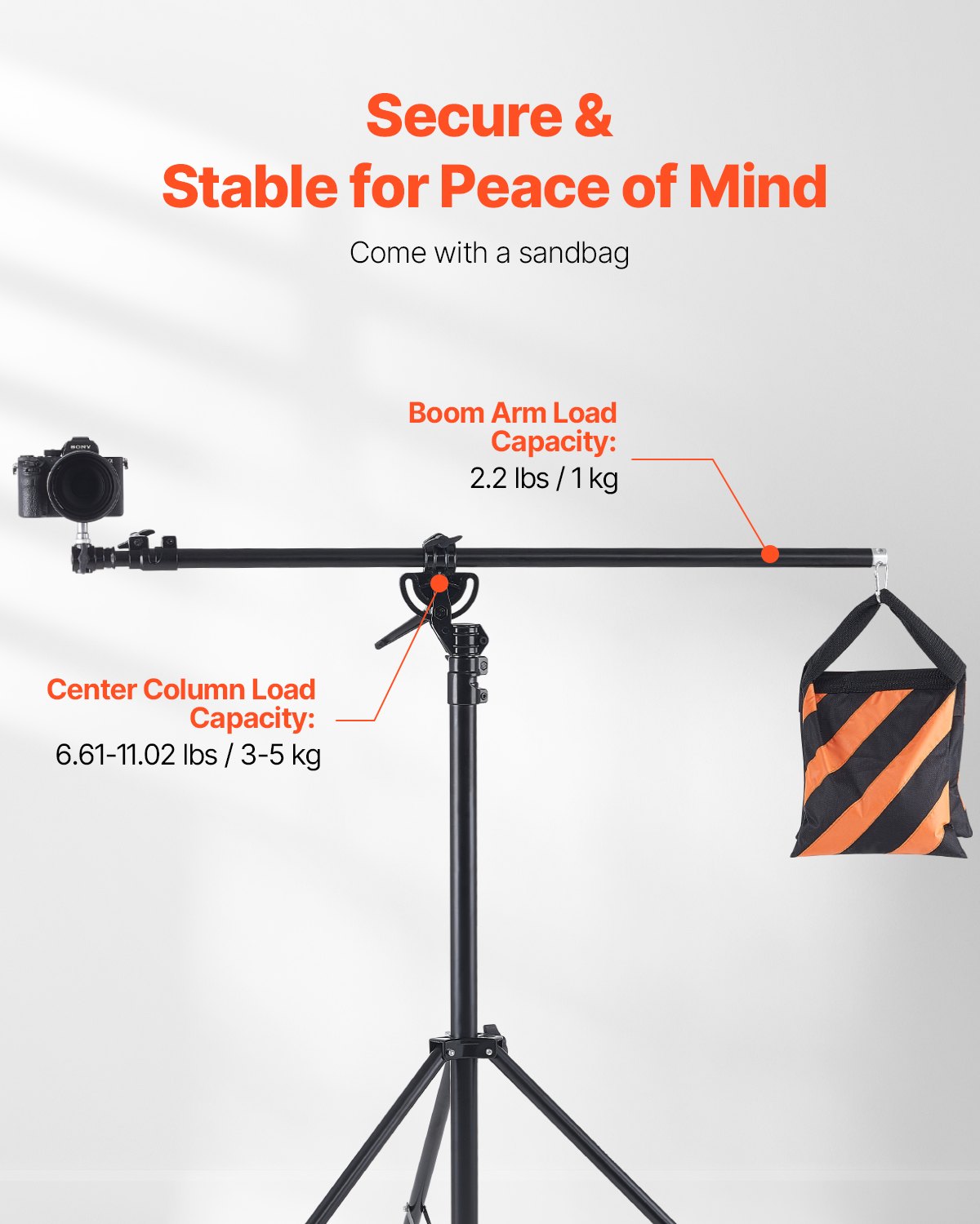 VEVOR Air Cushioned Aluminum Photography Light Stand with Boom Arm Adjustable