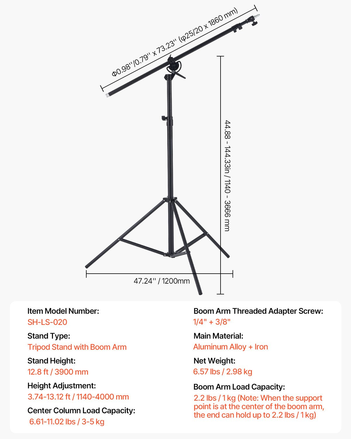 VEVOR Air Cushioned Aluminum Photography Light Stand with Boom Arm Adjustable