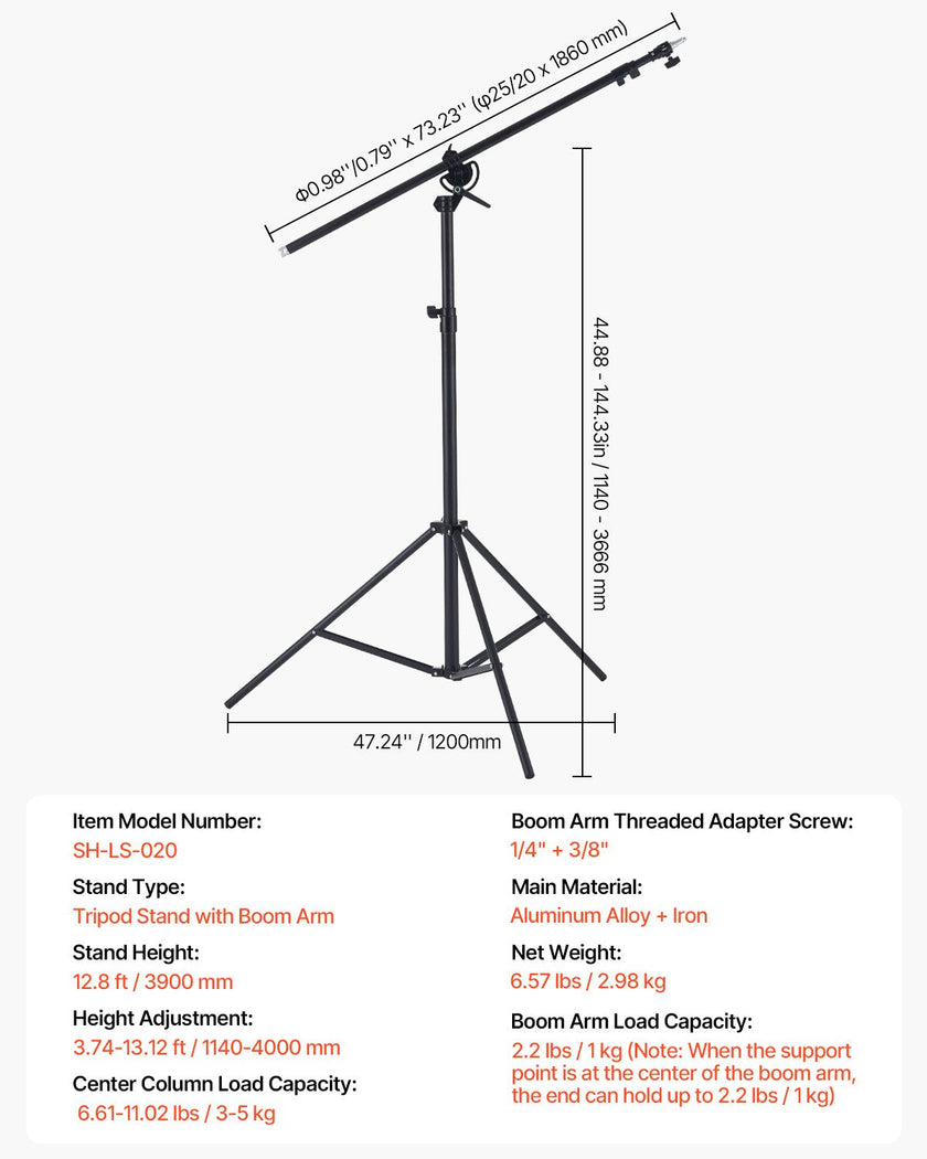 VEVOR Air Cushioned Aluminum Photography Light Stand with Boom Arm Adjustable