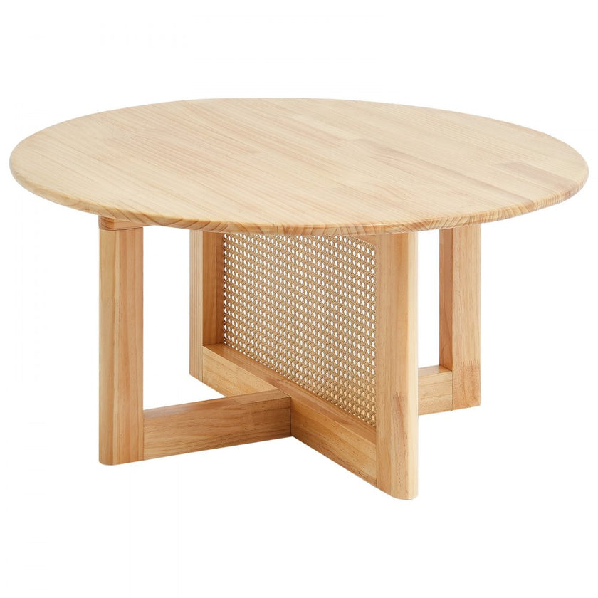 VEVOR Rattan Coffee Table Round Wood Coffee Table Single Tier for Living Room
