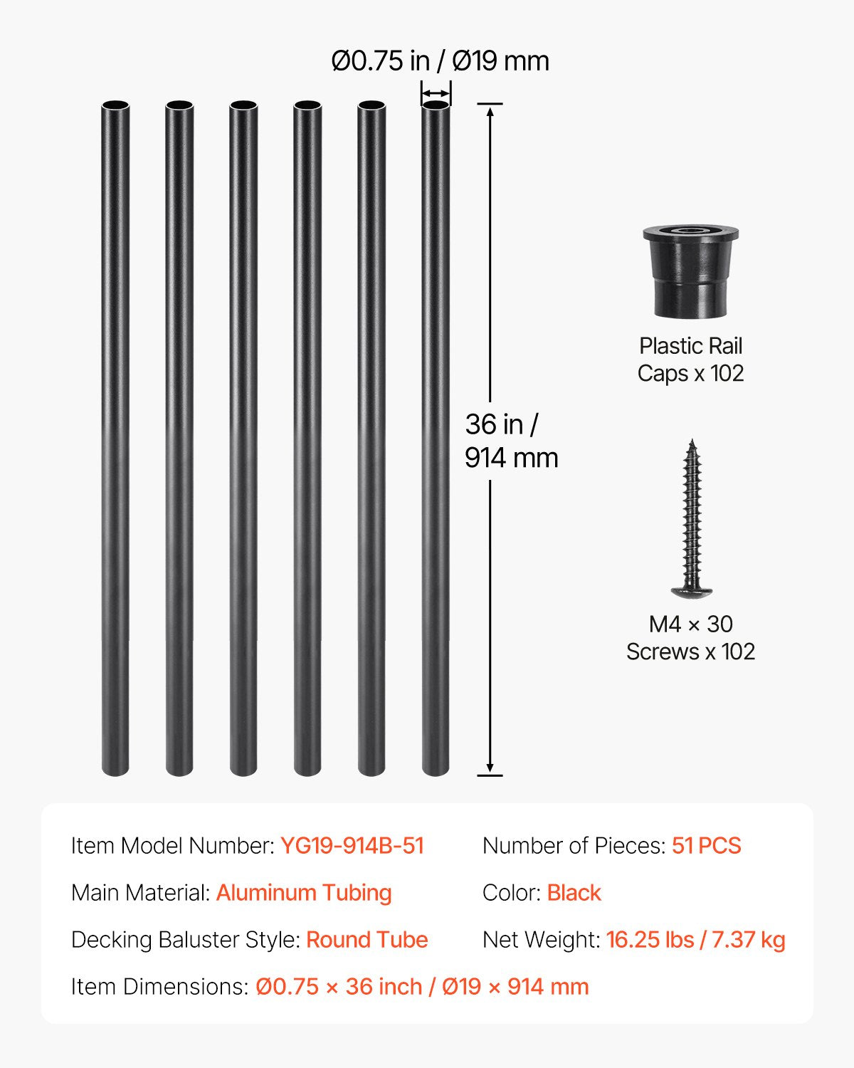 VEVOR Staircase Balusters 51 Pack 36 In Aluminum Spindles with Screws/Rail Caps