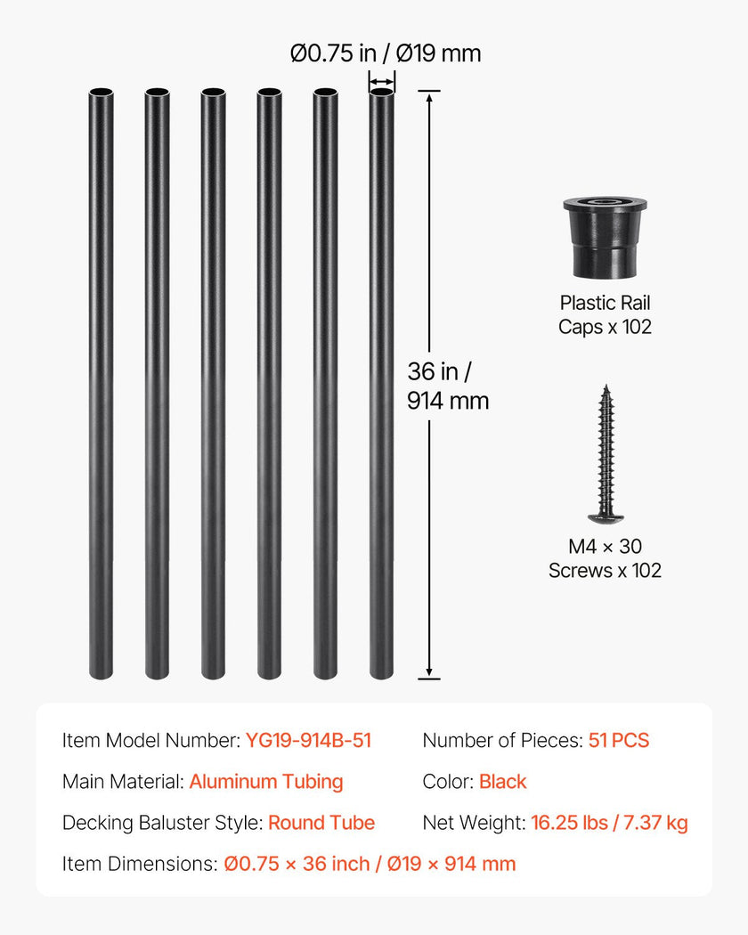 VEVOR Staircase Balusters 51 Pack 36 In Aluminum Spindles with Screws/Rail Caps