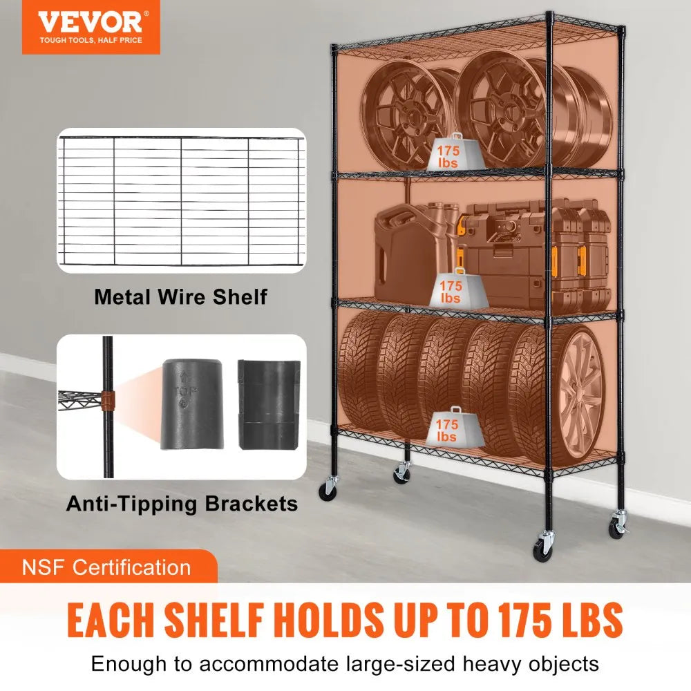 VEVOR Storage Shelving Unit with Wheels, 4-Tier Adjustable, 700 lbs Capacity, Heavy Duty Garage Shelves Metal Organizer Wire Rack, Black, 47.2