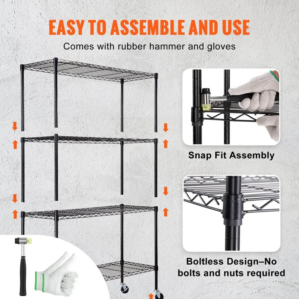 VEVOR Storage Shelving Unit with Wheels, 4-Tier Adjustable, 700 lbs Capacity, Heavy Duty Garage Shelves Metal Organizer Wire Rack, Black, 47.2