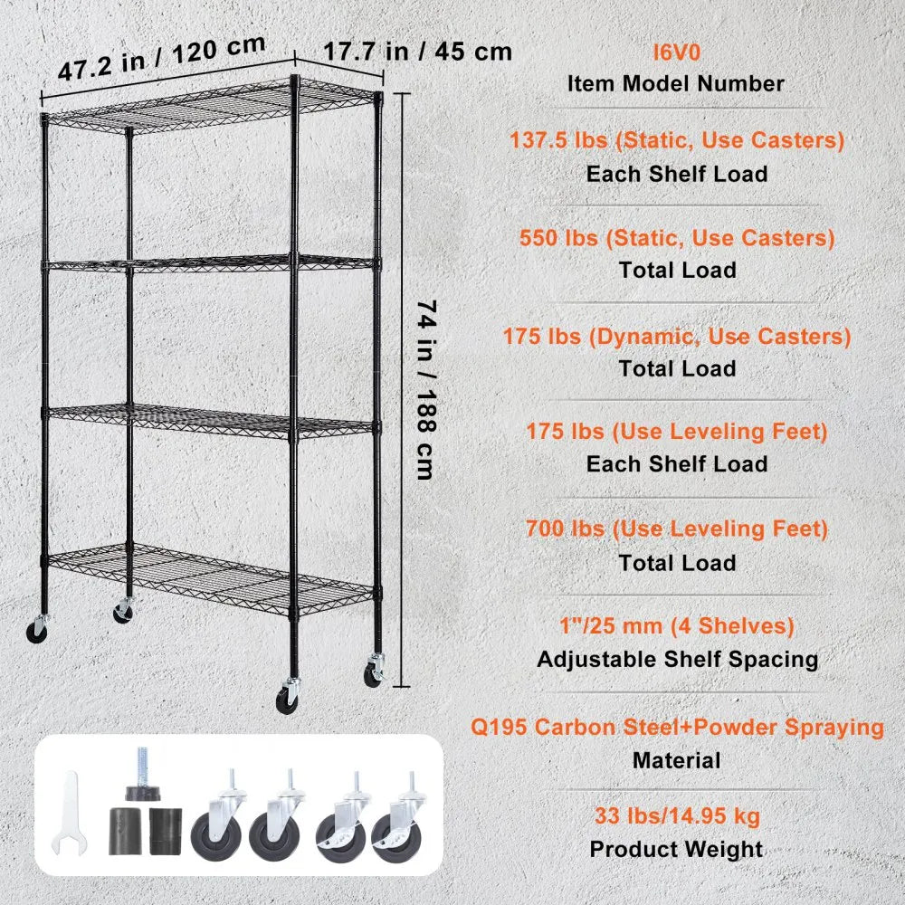 VEVOR Storage Shelving Unit with Wheels, 4-Tier Adjustable, 700 lbs Capacity, Heavy Duty Garage Shelves Metal Organizer Wire Rack, Black, 47.2