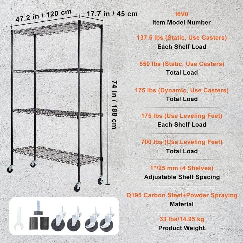 VEVOR Storage Shelving Unit with Wheels, 4-Tier Adjustable, 700 lbs Capacity, Heavy Duty Garage Shelves Metal Organizer Wire Rack, Black, 47.2