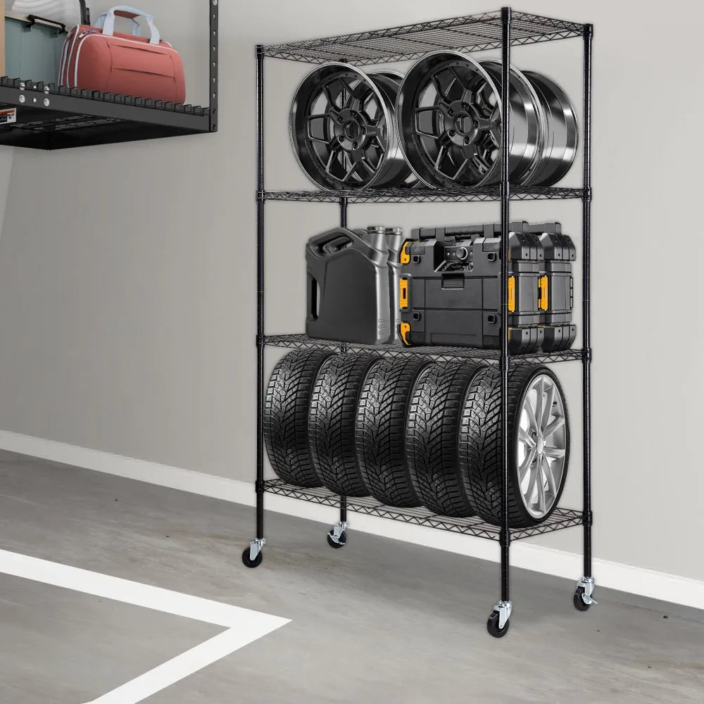 VEVOR Storage Shelving Unit with Wheels, 4-Tier Adjustable, 700 lbs Capacity, Heavy Duty Garage Shelves Metal Organizer Wire Rack, Black, 47.2