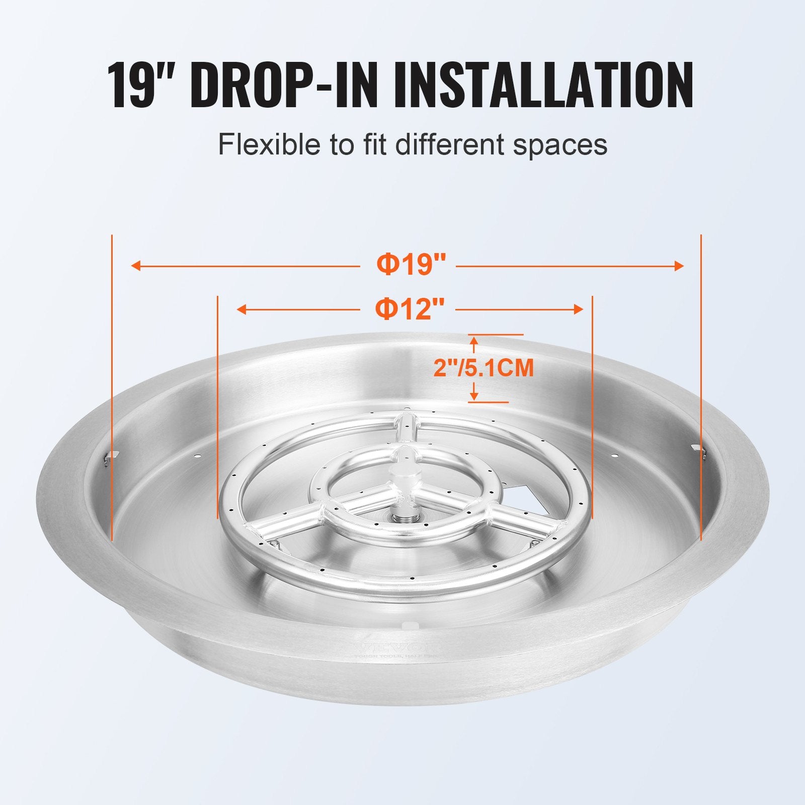 VEVOR 19 inch Round Drop-in Fire Pit Pan, Stainless Steel Fire Pit Burner, Natural & Propane Gas Fire Pan 92,000 BTU with Lid, for Indoor or Outdoor Use