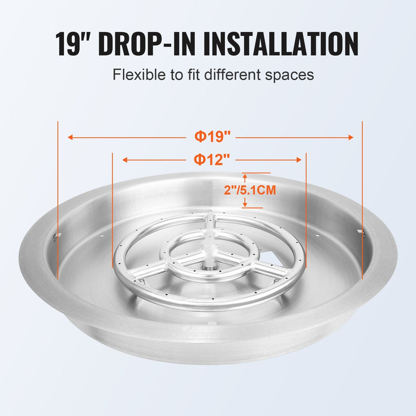 VEVOR 19 inch Round Drop-in Fire Pit Pan, Stainless Steel Fire Pit Burner, Natural & Propane Gas Fire Pan 92,000 BTU with Lid, for Indoor or Outdoor Use