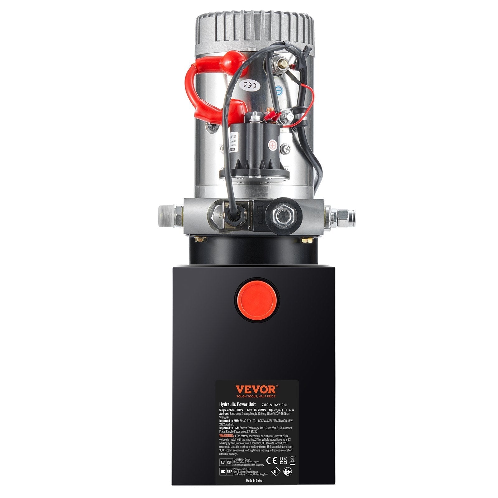 VEVOR Hydraulic Pump, 4 Quart Hydraulic Power Unit, Single Acting Dump Trailer Pump, 0.91 GPM Flow Rate, 3200 PSI Max Relief Pressure, DC 12V Hydraulic Pump for Dump Trailer Car Lifting