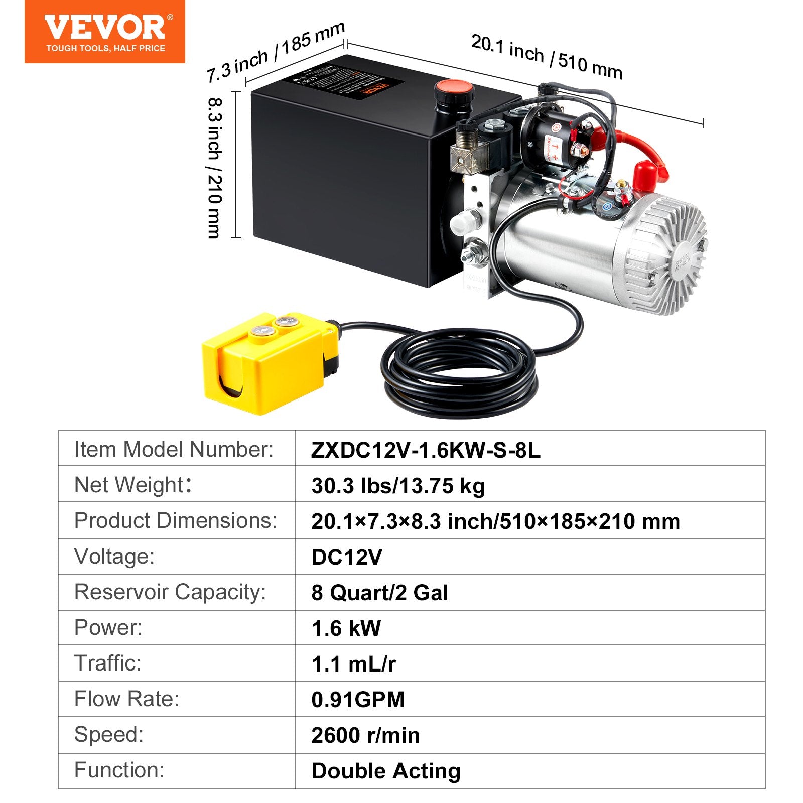 VEVOR Hydraulic Pump, 8 Quart Hydraulic Power Unit, Double Acting Dump Trailer Pump, 0.91 GPM Flow Rate, 3200 PSI Max Relief Pressure, DC 12V Hydraulic Pump for Dump Trailer Car Lifting