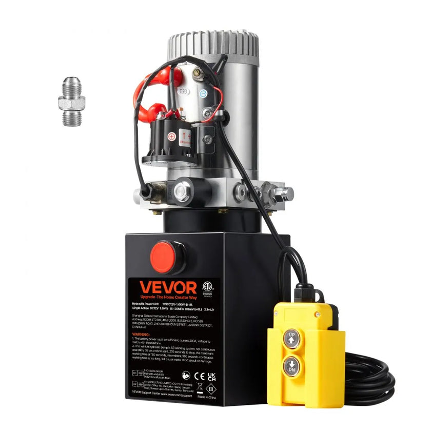 VEVOR Hydraulic Pump, 8 Quart Hydraulic Power Unit, Single Acting Dump Trailer Pump, 0.91 GPM Flow Rate, 3200 PSI Max Relief Pressure, DC 12V Hydraulic Pump for Dump Trailer Car Lifting
