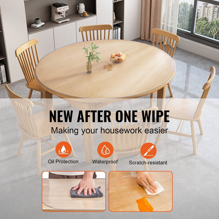 VEVOR Clear Table Cover Protector, 48 inch/1230 mm Round Table Cover, 1.5 mm Thick PVC Plastic Tablecloth, Waterproof Desktop Protector for Writing Desk, Coffee Table, Dining Room Table