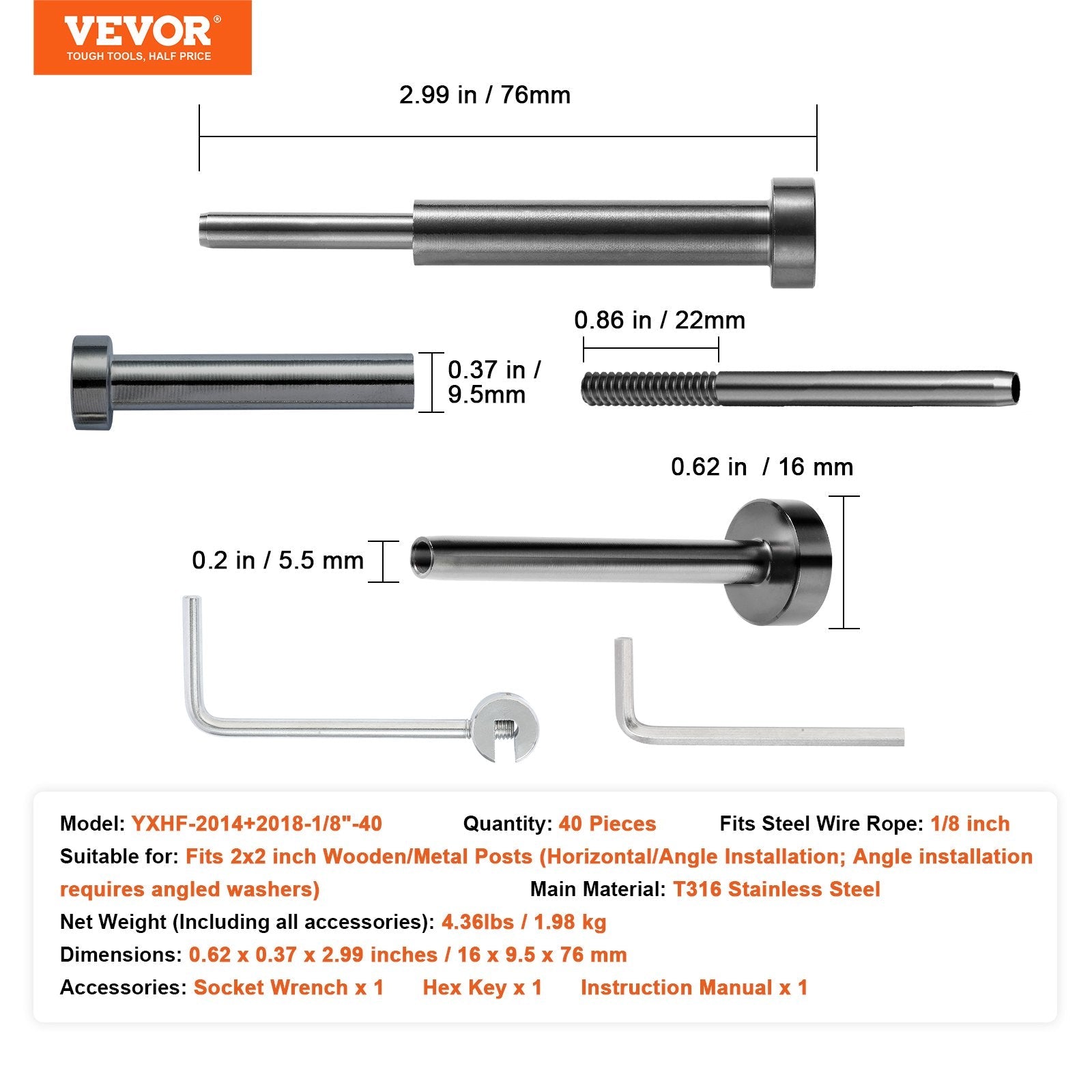 VEVOR 40 Pack Invisible Cable Railing kit, T316 Stainless Steel 1/8