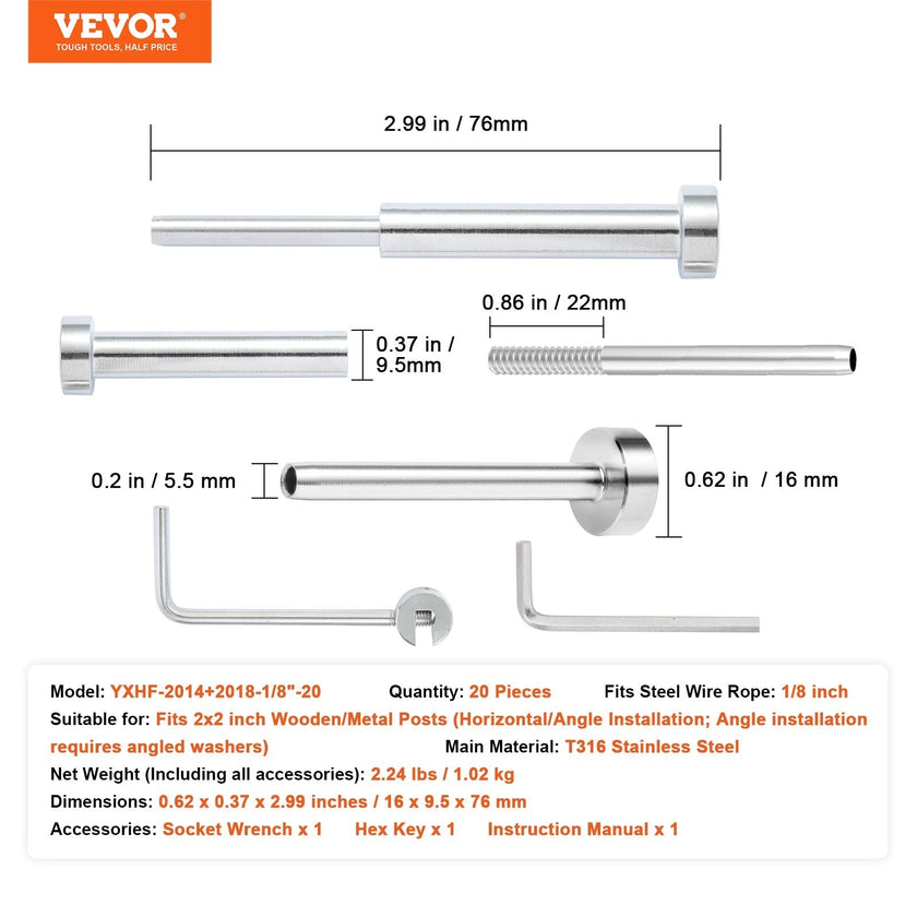 VEVOR 20 Pack Invisible Cable Railing kit, T316 Stainless Steel 1/8