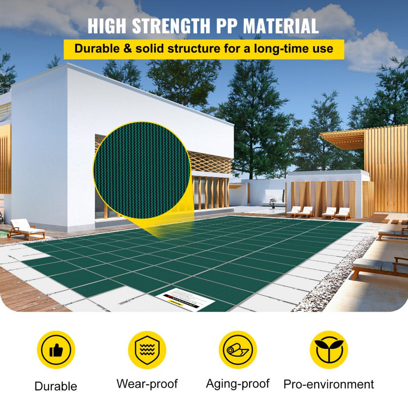 VEVOR Pool Safety Cover Fits 16x32ft Rectangle Inground Safety Pool Cover Green Mesh with 4x8ft Center End Steps Solid Pool Safety Cover for Swimming Pool Winter Safety Cover