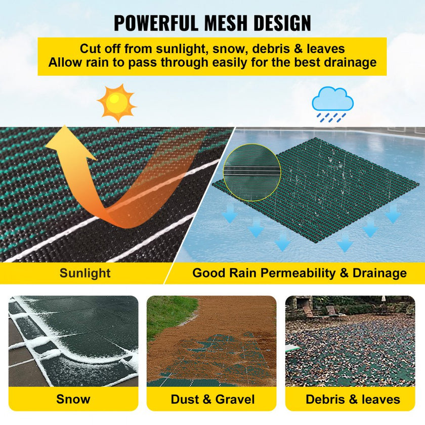 VEVOR Pool Safety Cover Fits 16x32ft Rectangle Inground Safety Pool Cover Green Mesh with 4x8ft Center End Steps Solid Pool Safety Cover for Swimming Pool Winter Safety Cover