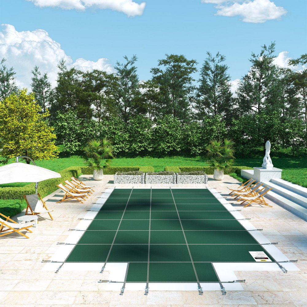 VEVOR Pool Safety Cover Fits 16x32ft Rectangle Inground Safety Pool Cover Green Mesh with 4x8ft Center End Steps Solid Pool Safety Cover for Swimming Pool Winter Safety Cover