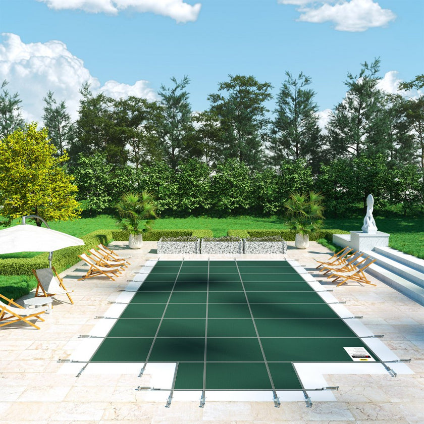 VEVOR Pool Safety Cover Fits 16x32ft Rectangle Inground Safety Pool Cover Green Mesh with 4x8ft Center End Steps Solid Pool Safety Cover for Swimming Pool Winter Safety Cover