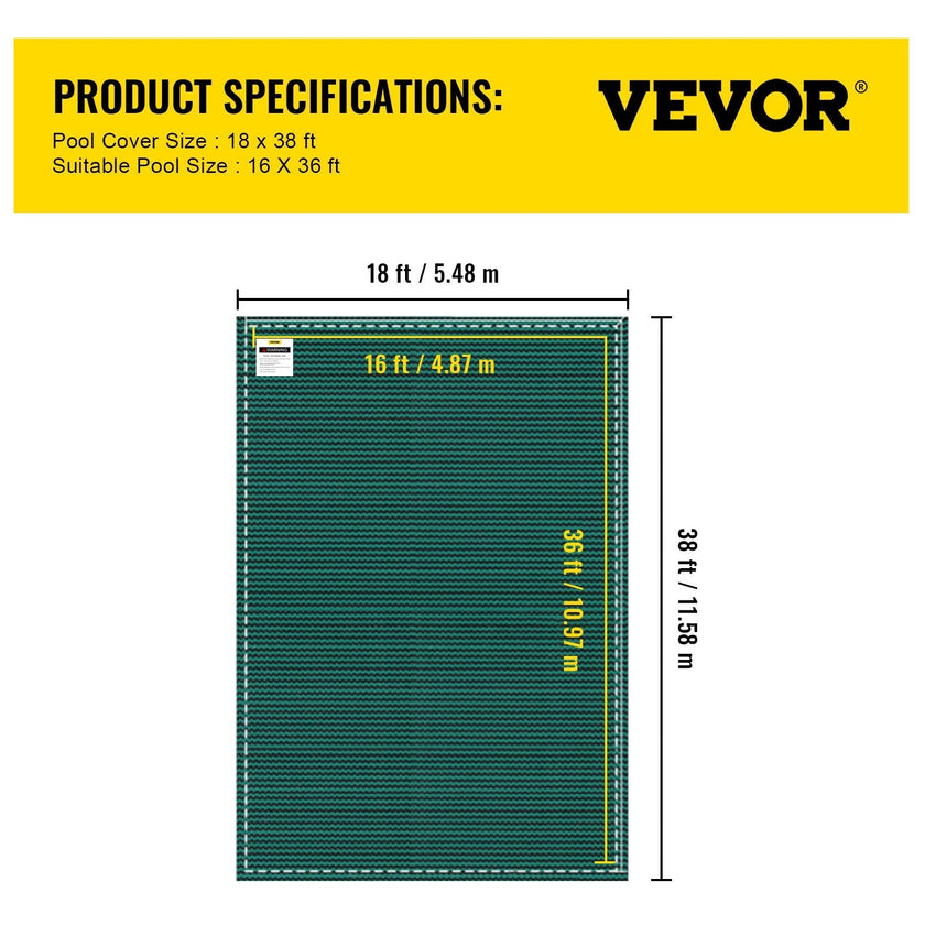 VEVOR Pool Safety Cover, Inground Pool Cover Fit for PP Material, Rectangle Inground Safety Pool Cover Green, Mesh Solid Pool Safety Cover for Swimming Pool Winter Safety Cover (16x36 ft)