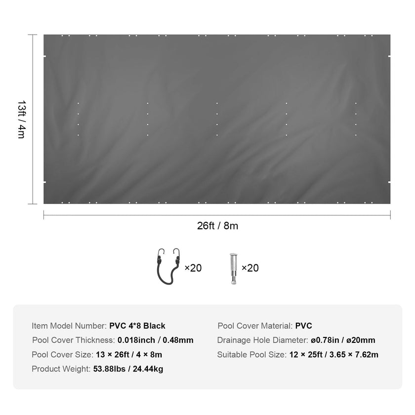 VEVOR Pool Safety Cover, 13x26 ft In-ground Pool Cover, Charcoal In-ground Pool Cover, PVC Pool Covers Rectangular Safety Pool Cover Solid Safety Pool Cover for Swimming Pool Winter Protection Cover