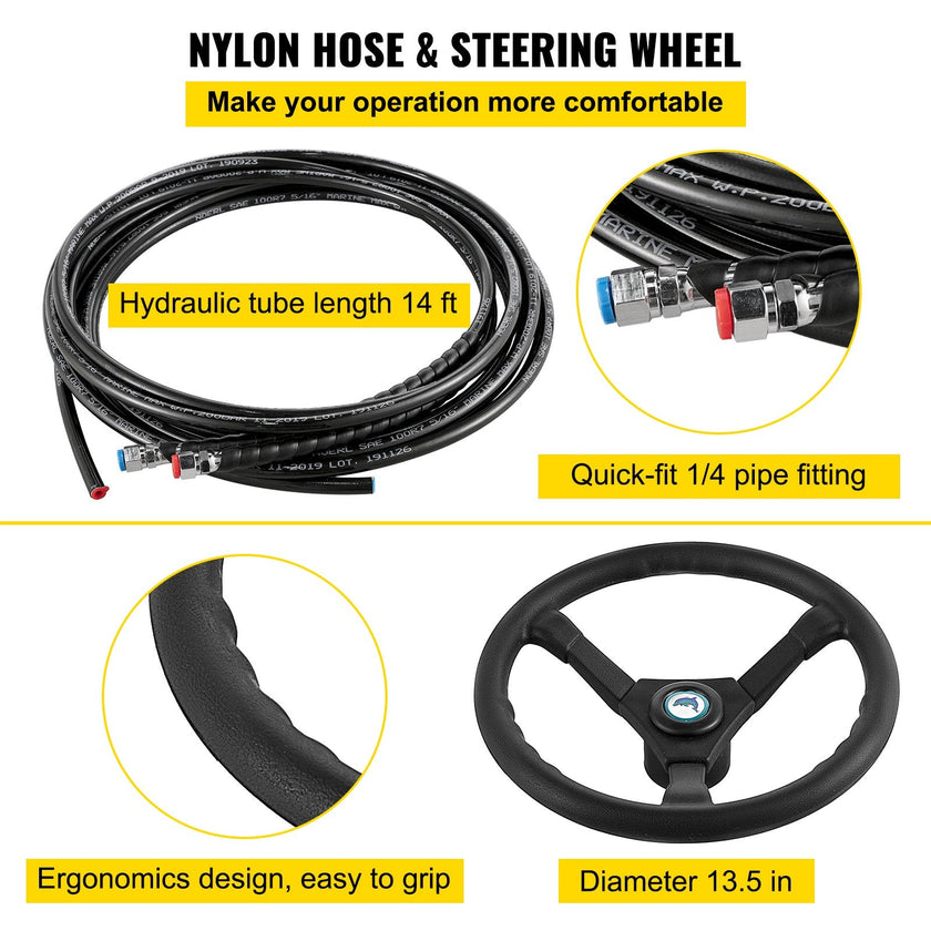 VEVOR Hydraulic Boat Steering Kit, 300HP Hydraulic Steering Kit Helm Pump, Hydraulic Outboard Steeing Kit with 14 Feet Hydraulic Steering Hose for Boat Steering System